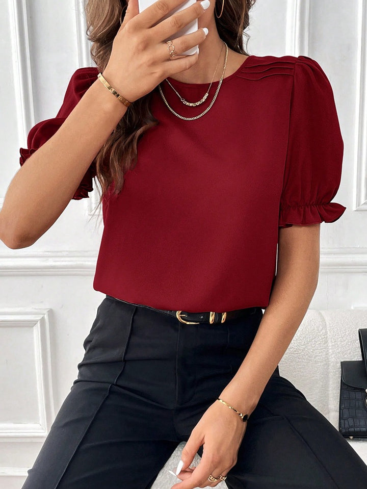 Ladies Elegant Chiffon Blouse with Puff Sleeves and Decorative Shoulder Pleats Mune Fashion