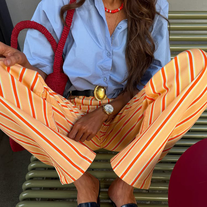Women Wide Striped Linen Look Pants with High Waist and Straight Leg Mune Fashion