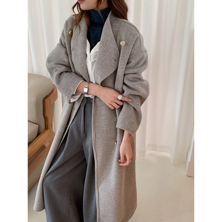 Women's Oversize Wool Blend Coat with Double-Breasted Button Placket, Stand-Up Collar and Dropped Shoulder Mune Fashion
