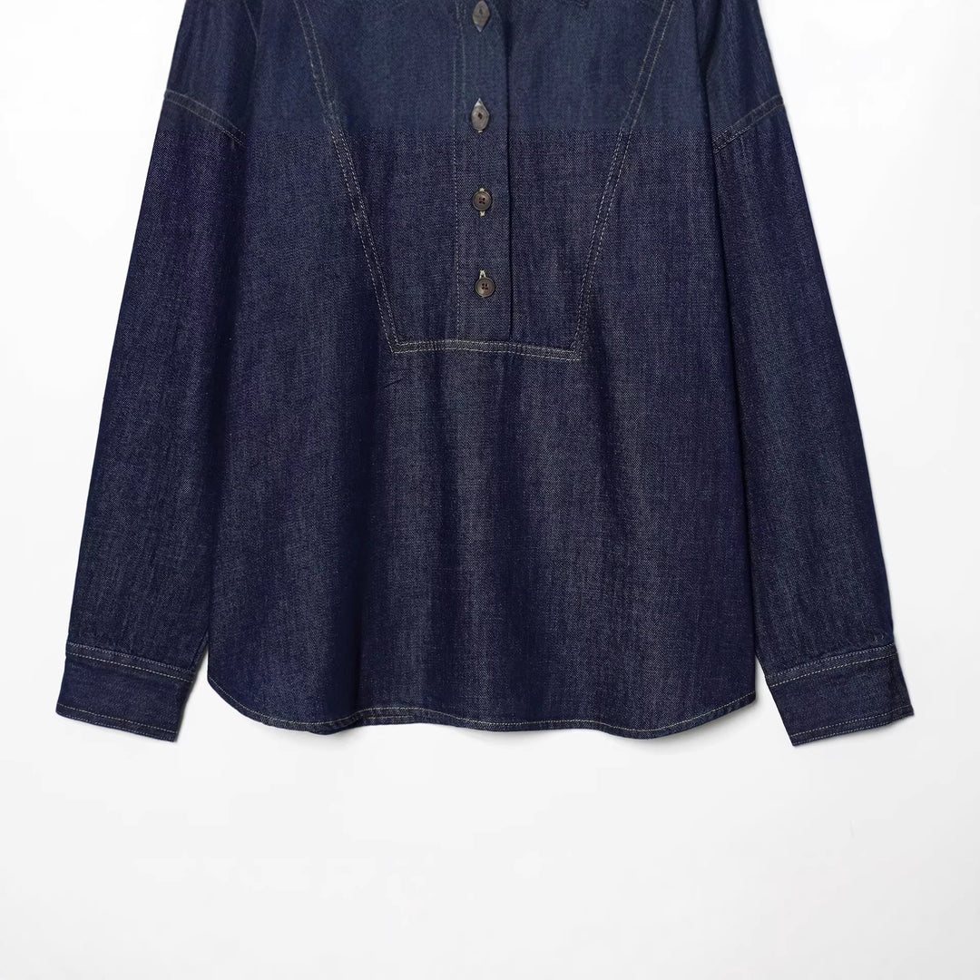 Women's Oversized Denim Tunic with Half Button Placket and Distinctive Stitching Details Mune Fashion