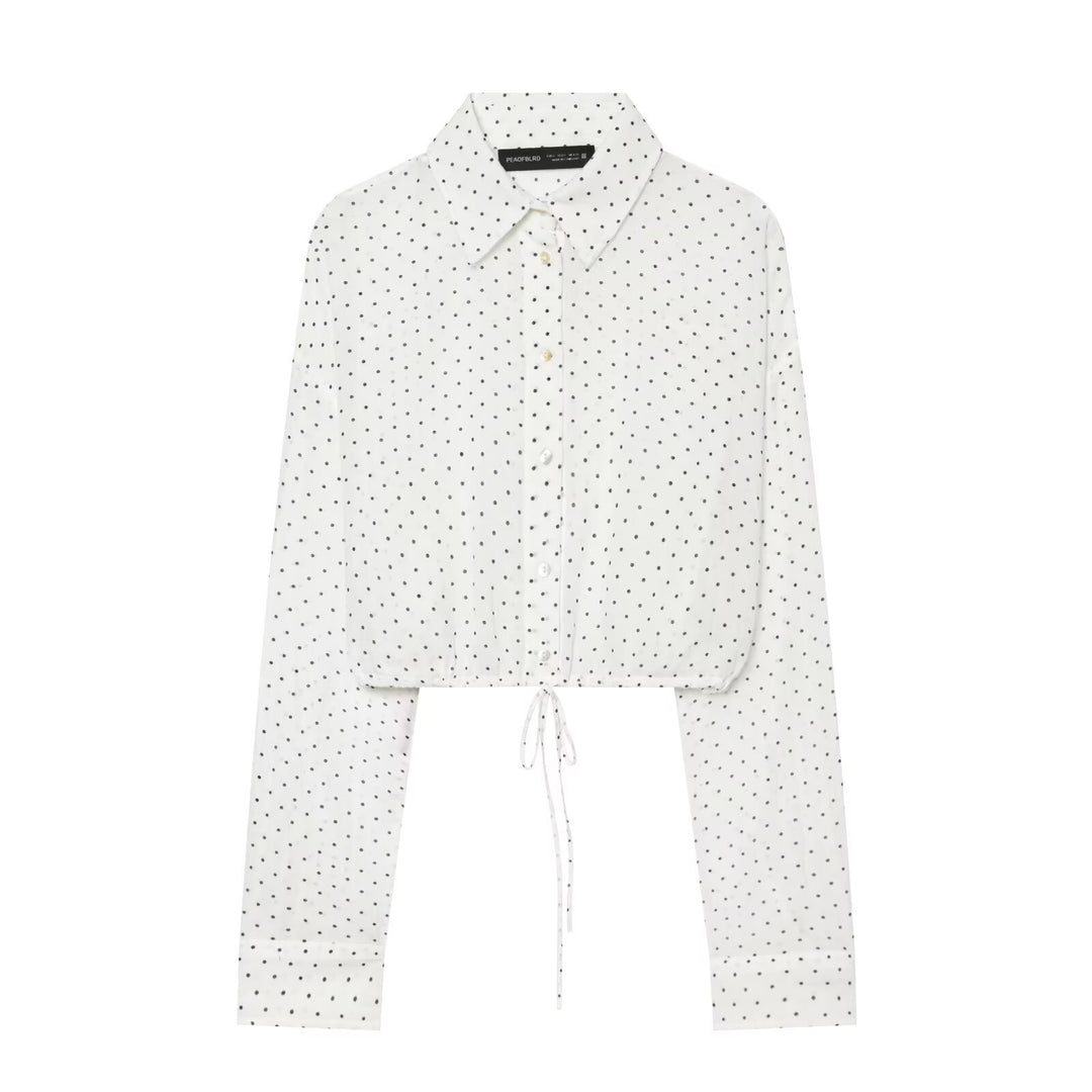 Women's Dotted Cropped Blouse with Drawstring and Shirt Collar Mune Fashion