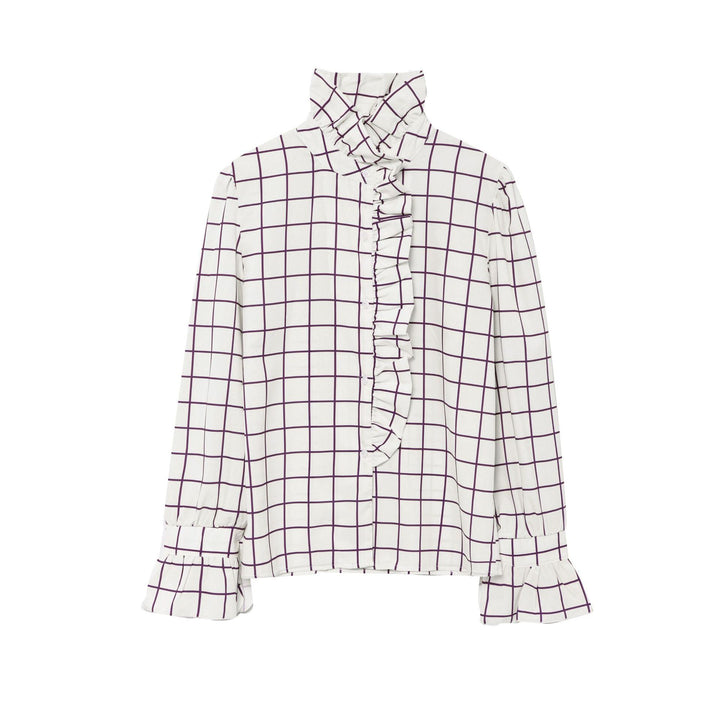 Women's Striped Ruffle Blouse with Stand-Up Collar and Flounce Cuffs Mune Fashion