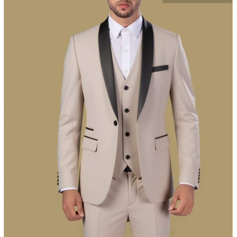 Men's Tailored Three-Piece Tuxedo with Shawl Collar and Satin Lapel Mune Fashion