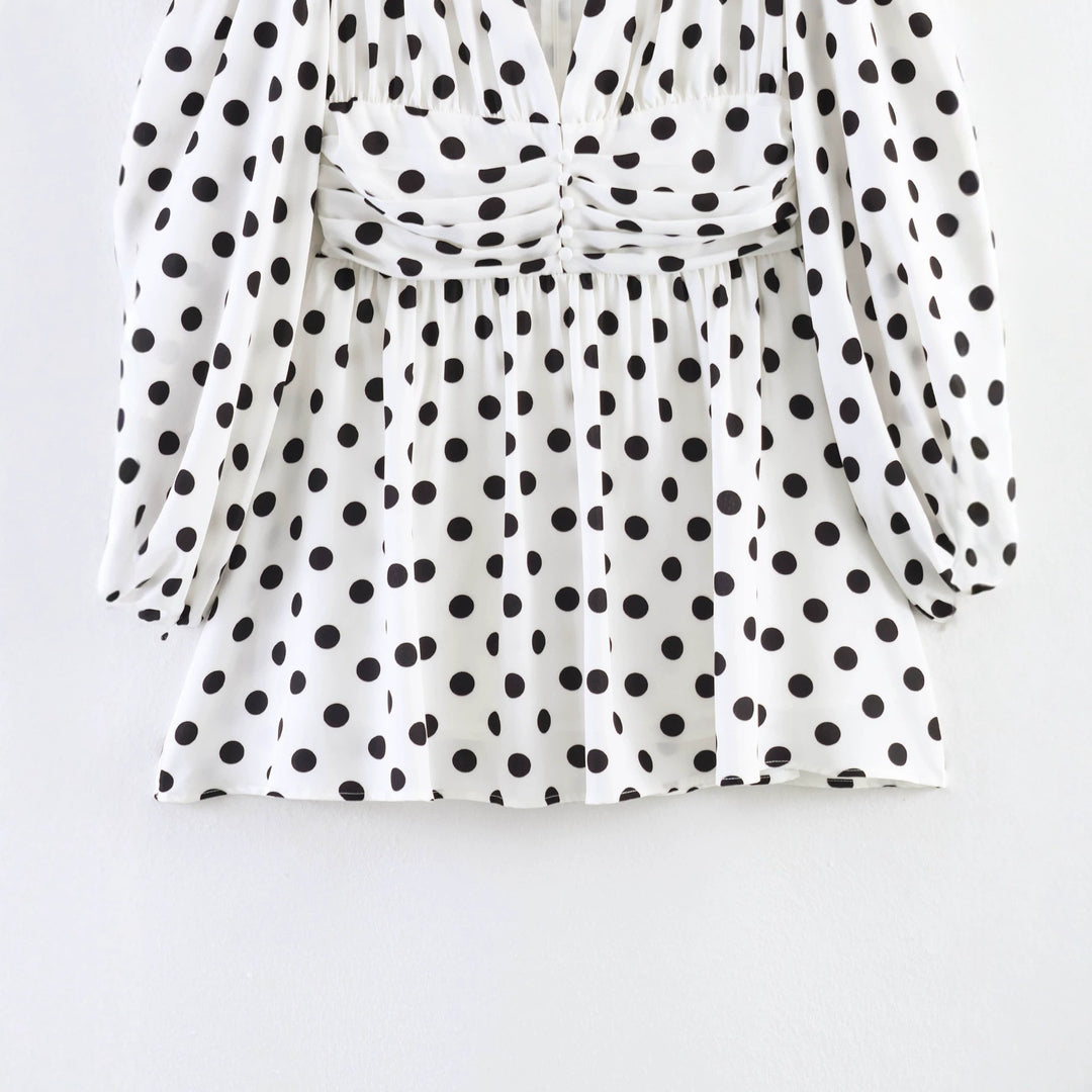 Ladies Polka Dot Blouse with Deep V-Neck, Gathered Waistline and Voluminous Balloon Sleeves Mune Fashion