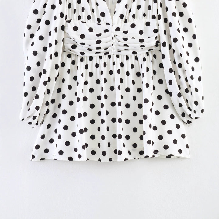 Ladies Polka Dot Blouse with Deep V-Neck, Gathered Waistline and Voluminous Balloon Sleeves Mune Fashion