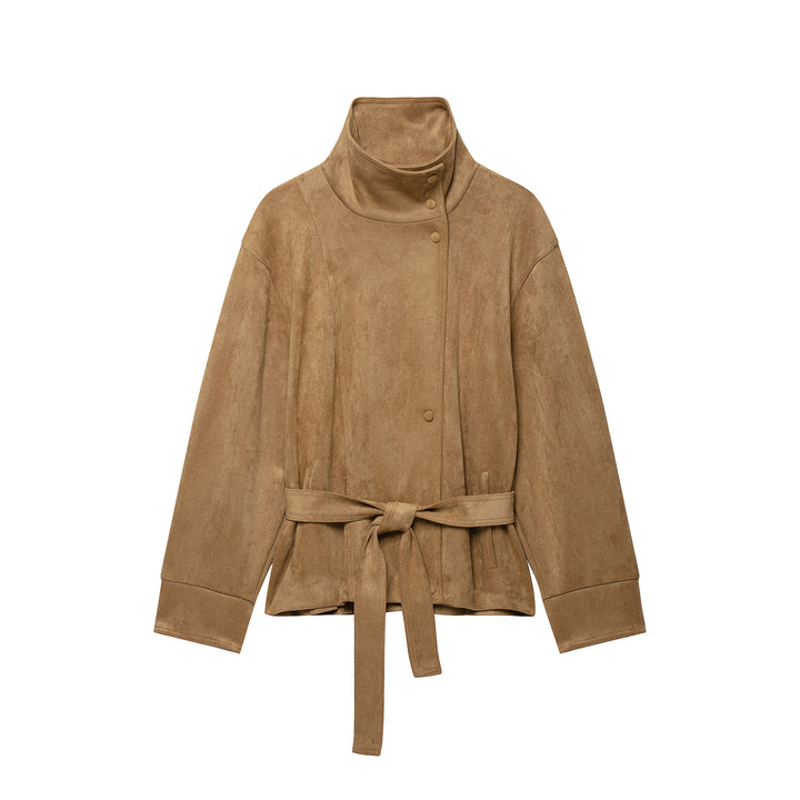 Women Short Velvet Look Jacket with High Funnel Neck, Snap Button Placket and Tie Belt Mune Fashion