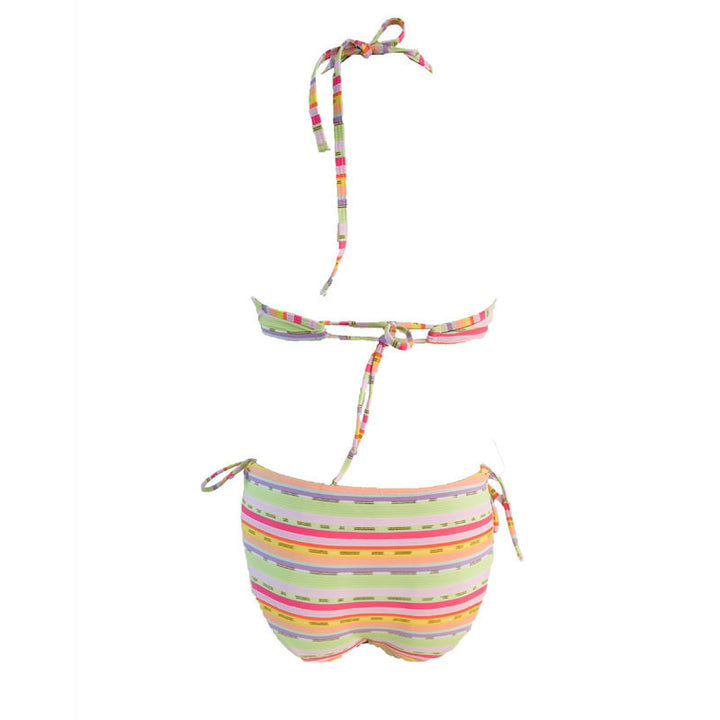 Women's triangle bikini with playful ruffle design and colorful stripe pattern Mune Fashion