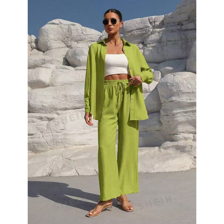 Women's Two-Piece Linen Look Loungewear Set with Oversized Shirt and Wide Comfort Palazzo Mune Fashion
