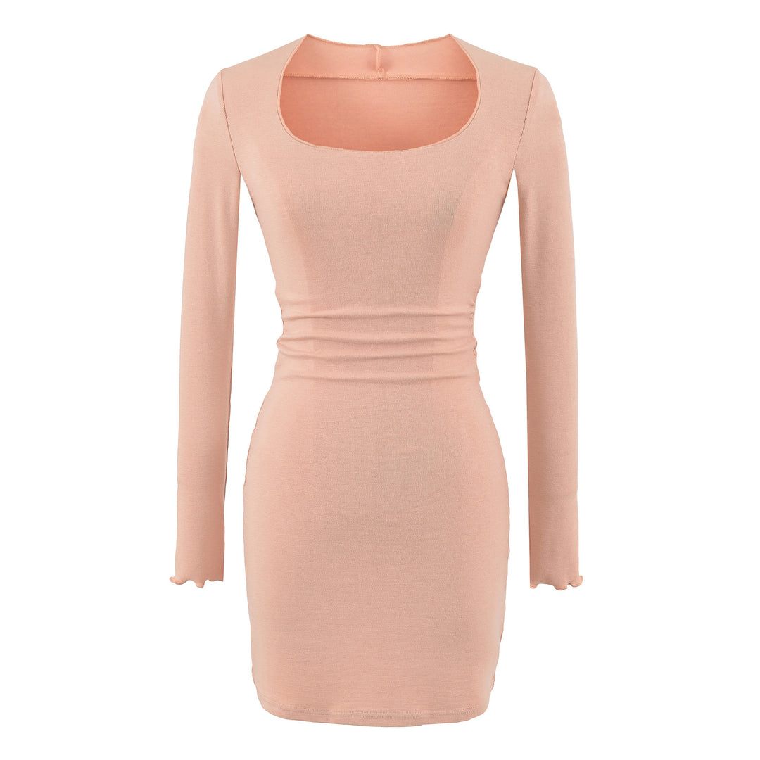 Women's Fitted Midi Dress with Square Neckline and Waist Ruching