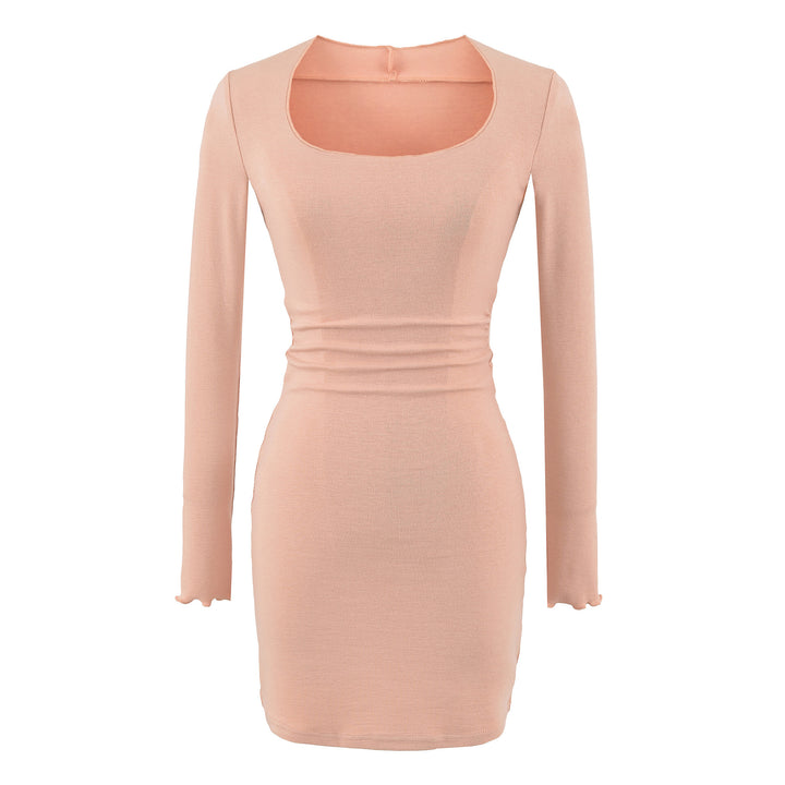 Women's Fitted Midi Dress with Square Neckline and Waist Ruching