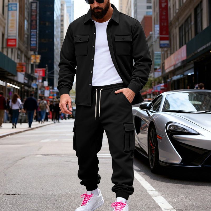 Men's casual cotton blend overshirt and cargo jogger set with drawstring, patch pockets, and elastic cuffs Mune Fashion