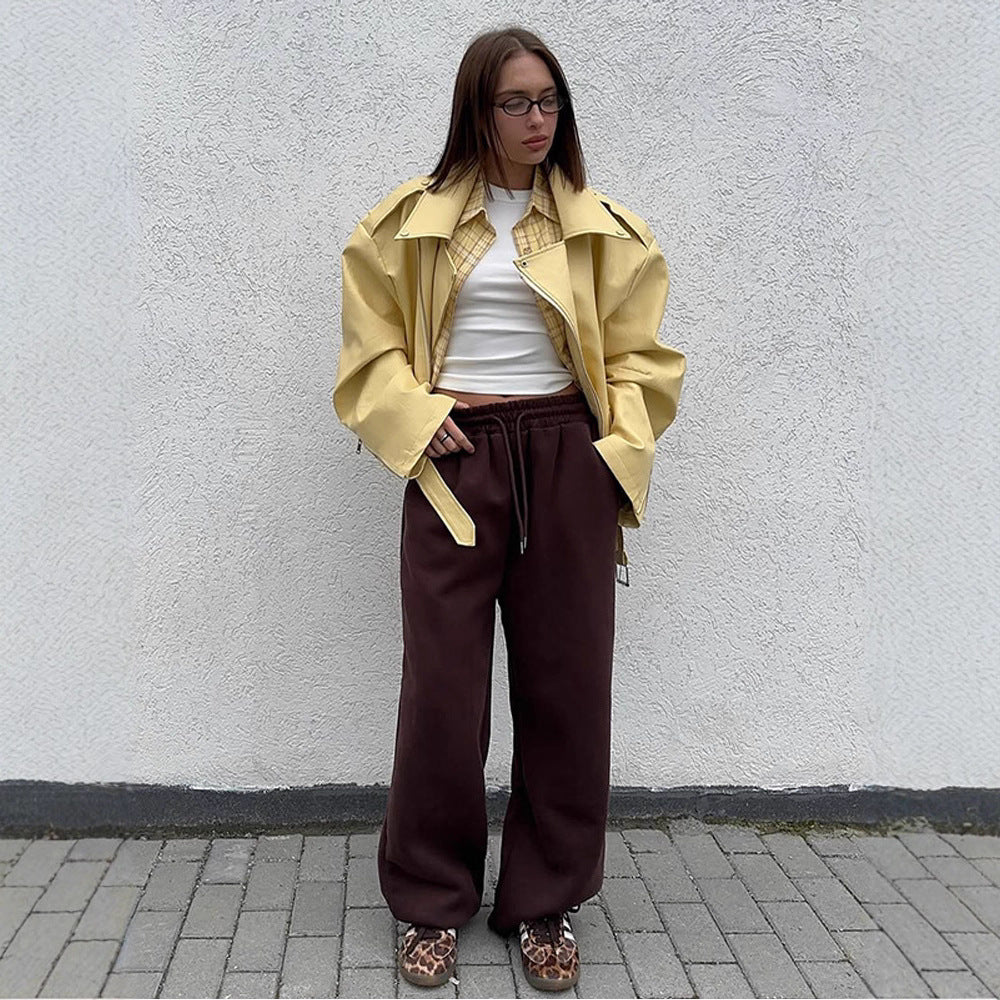 Women Oversized Biker Jacket made of vegan leather imitation with large lapels and waist belt Mune Fashion