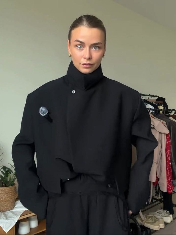 Women Asymmetric Cropped Boxy Jacket with High Stand Collar and Structured Shoulder Area Mune Fashion