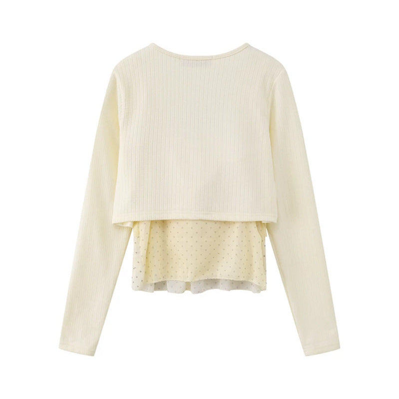 Women's Two-Piece Long Sleeve Top with Knot Front and Delicate Chiffon Under Top Mune Fashion