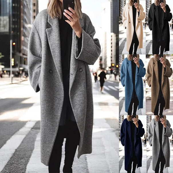 Women's Oversized Wool Blend Coat with Double-Breasted Button Placket, Wide Lapel Collar and Patch Pockets Mune Fashion