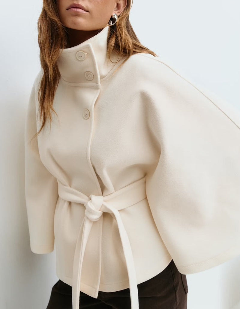 Women's oversized wool cape coat with stand-up collar and tie belt Mune Fashion