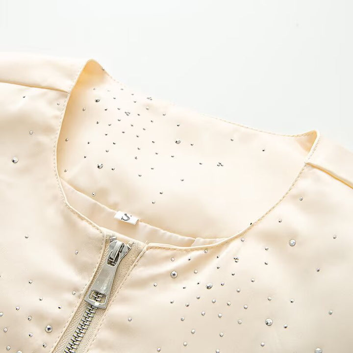 Women's Shiny Bomber Jacket with Decorative Stone Trim and Elastic Hem Mune Fashion
