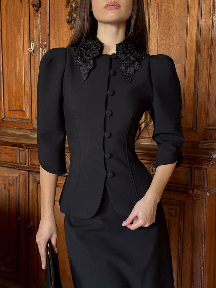 Women Tailored Blazer with Embroidered Shawl Collar and Puff Sleeves Mune Fashion