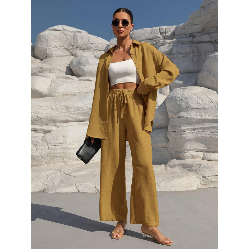 Women's Two-Piece Linen Look Loungewear Set with Oversized Shirt and Wide Comfort Palazzo Mune Fashion