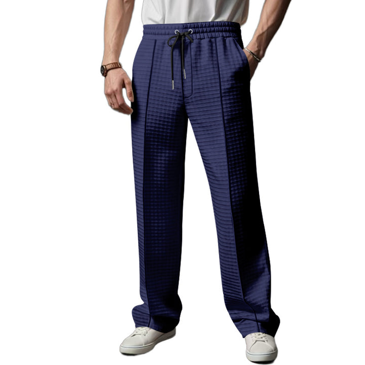 Men's Relaxed-Fit Leisure Pants with Textured Check Pattern, Elastic Waistband & Drawstring