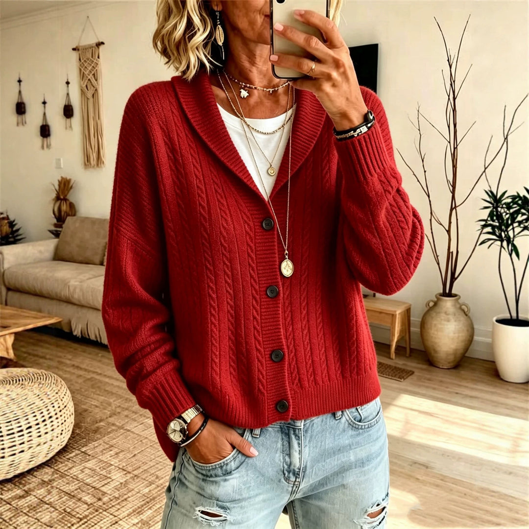 Women Longer Shawl Collar Cardigan made of Cable Knit with Ribbed Cuffs Mune Fashion