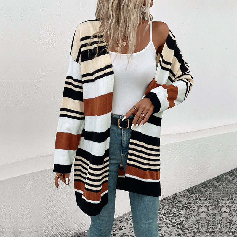 Women's Oversize Knit Cardigan with Block Stripes, Open Front and Long Sleeves Mune Fashion