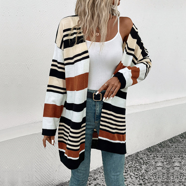 Women's Oversize Knit Cardigan with Block Stripes, Open Front and Long Sleeves Mune Fashion