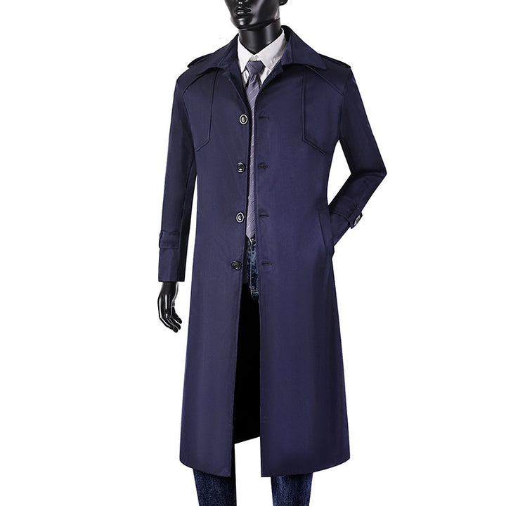 Men's Long Cut Trench Coat with Classic Lapels and Water-Repellent Finish Mune Fashion