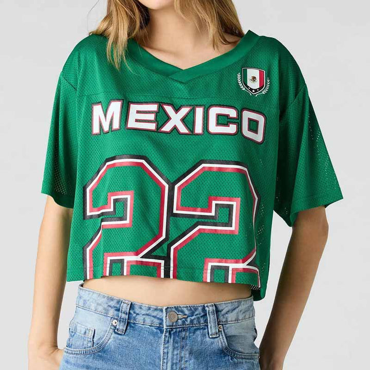 Women's Oversized Cropped Sports Shirt with Mesh Inserts and Graphic Print Mune Fashion