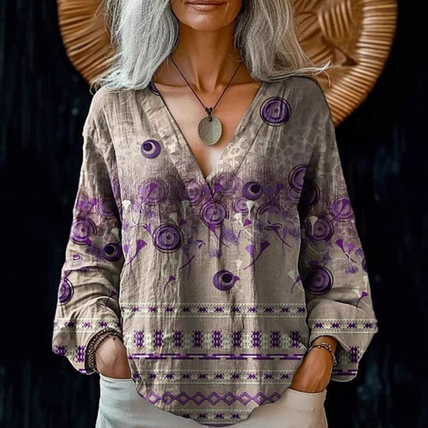 Women’s Boho Linen Blend Tunic Blouse with V-Neck and Floral Watercolor Embroidery Mune Fashion