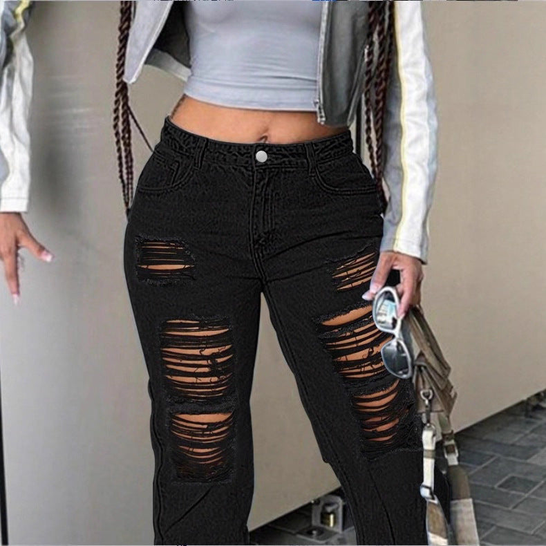 Women's high-cut wide denim jeans with pronounced ripped details and a casual fit Mune Fashion