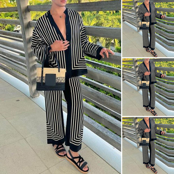 Women's striped lounge two-piece with stand-up collar button-up shirt jacket and straight pajama pants Mune Fashion