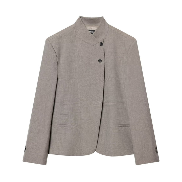 Women Short Tailored Blazer with Stand-Up Collar and Asymmetrical Button Placket Mune Fashion