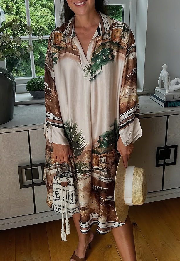 Women's blouse dress in silk look, kaftan style, with an illustrative coastal print Mune Fashion