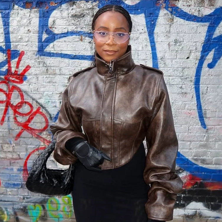 Women Cropped Faux Leather Corset Jacket with High Standing Collar and Extended Sleeves Mune Fashion