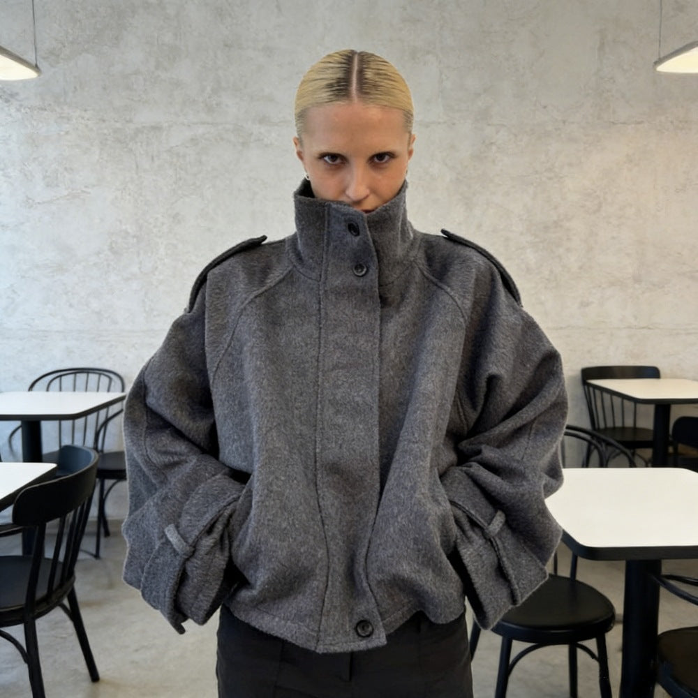 Women's short wool mix blouson with high stand-up collar, shoulder patches, and voluminous balloon sleeves Mune Fashion