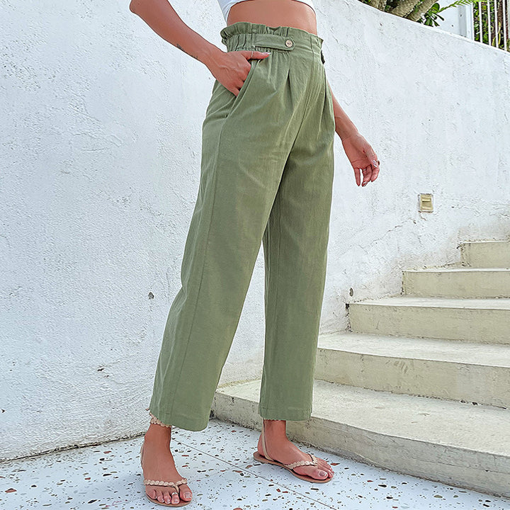 Women's High-Waisted Culotte Pants with Pleats, Button Tabulation and Wide Leg Mune Fashion