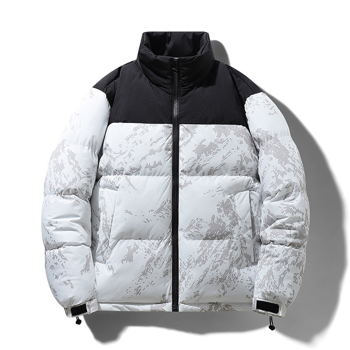 Men's Padded Quilted Jacket with Camouflage Print, High Stand-Up Collar & Adjustable Hem Mune Fashion
