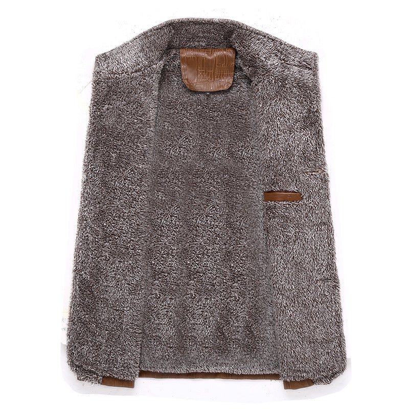 Men's Textured Faux Leather Midlayer Jacket with Teddy Fleece Lining, Stand Collar and Shoulder Patches Mune Fashion
