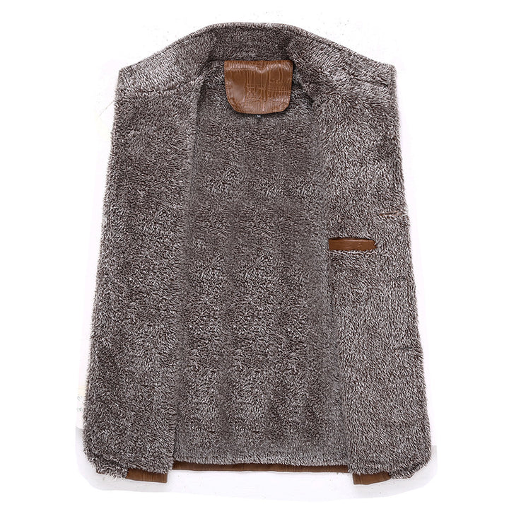 Men's Textured Faux Leather Midlayer Jacket with Teddy Fleece Lining, Stand Collar and Shoulder Patches Mune Fashion