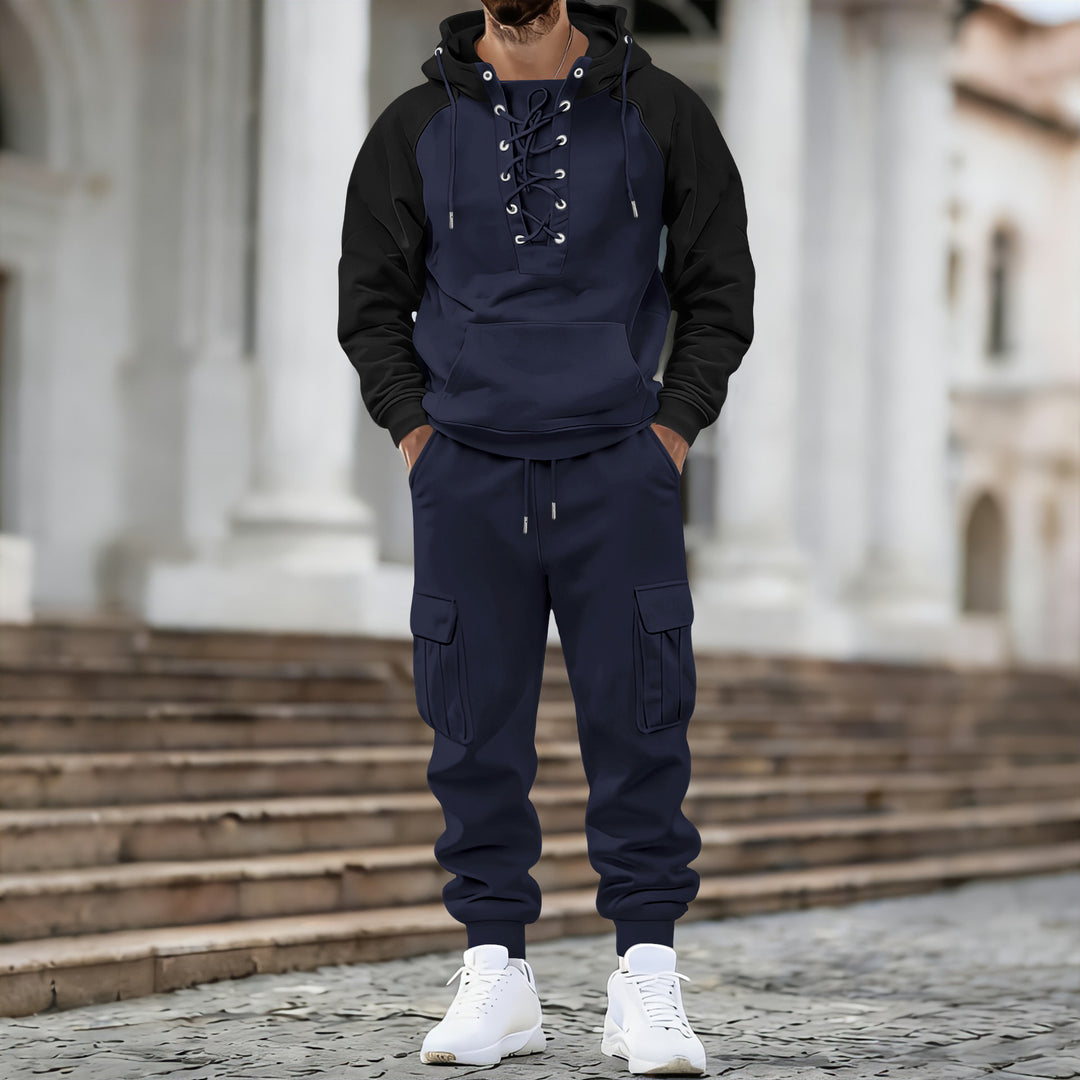 Men's hooded sweatshirt with front laced placket, raglan sleeves, and kangaroo pocket Mune Fashion