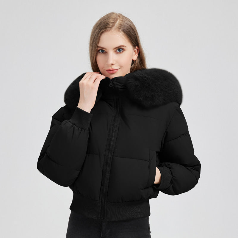 Women's short quilted hooded jacket with faux fur trim and ribbed hem Mune Fashion