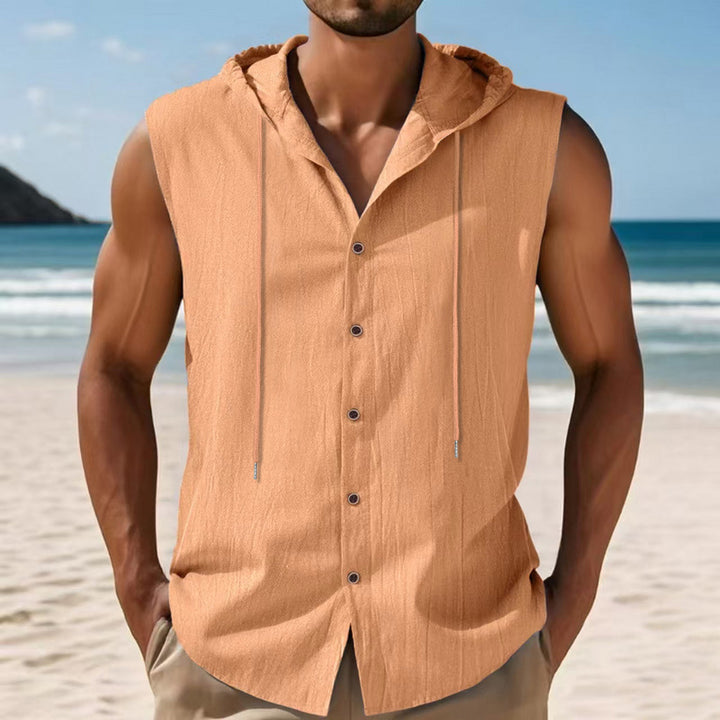 Men's sleeveless hooded shirt made of crepe-structured cotton blend with continuous button placket and drawstring Mune Fashion