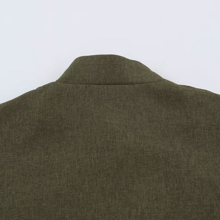 Women's Boxy Linen Blend Jacket with Stand Collar and Chinese Toggle Closures Mune Fashion