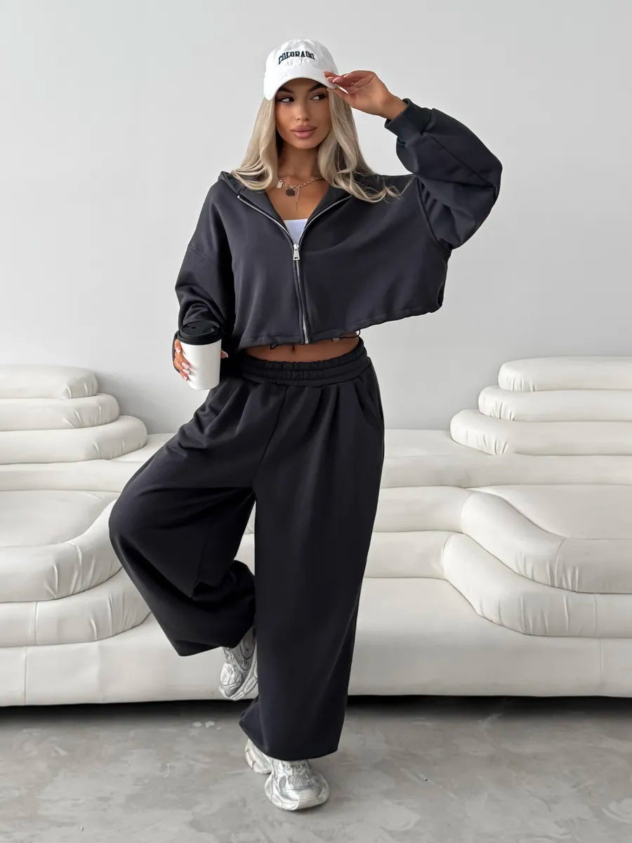 Women's loose-fitting cropped zip hoodie and palazzo jogger set Mune Fashion