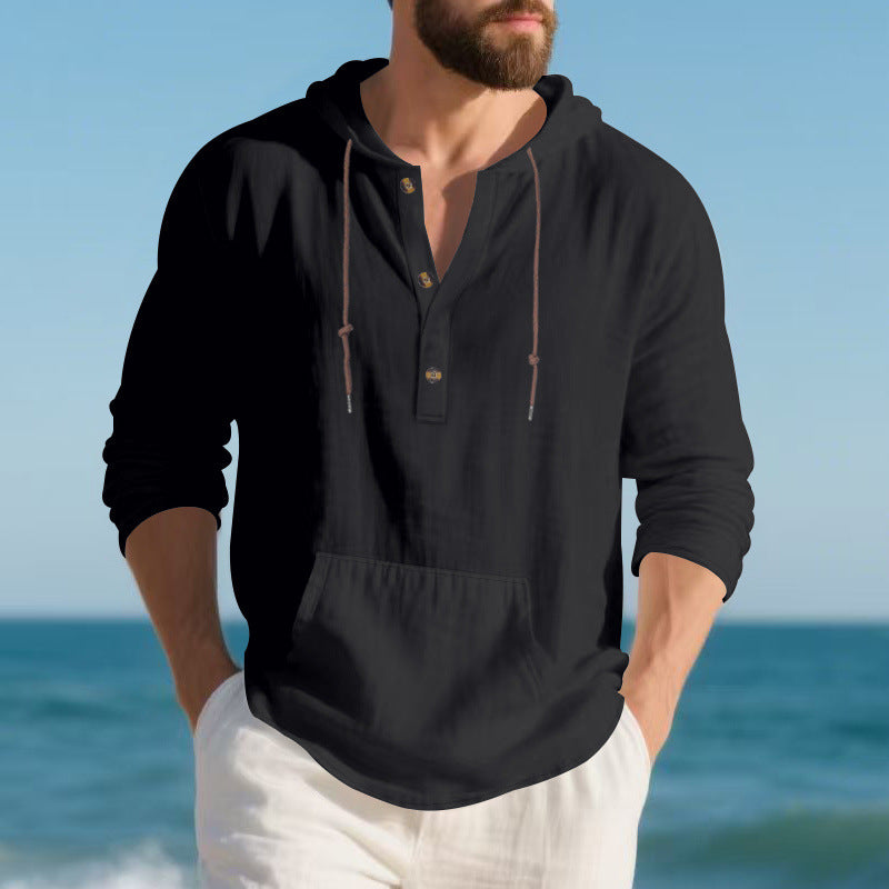 Men's Lightweight Hooded Henley Made of Cotton-Linen with Kangaroo Pocket Mune Fashion