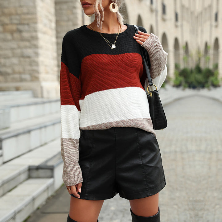 Women's Casual Colorblock Waffle Knit Sweater in Oversized Cut with Extended Sleeve Cuff Mune Fashion