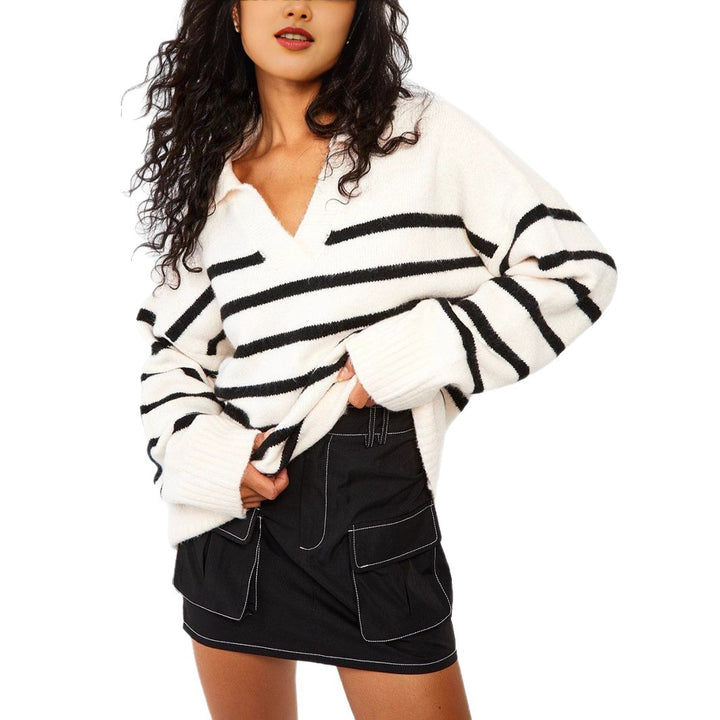 Women's Fashionable Knitted Sweater with V-Neck and Striped Pattern