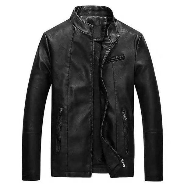 Men's Slim Fit Faux Leather Jacket with Stand Collar and Zip Pockets Mune Fashion