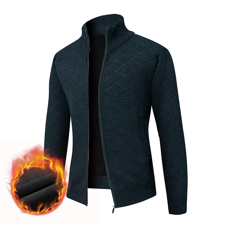 Men's Thermal Knit Jacket with Full Zip, Lined Stand-Up Collar and Geometric Structure Pattern Mune Fashion